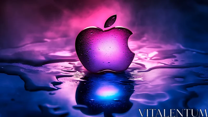 Glossy apple-shaped logo on wet reflective surface at night.