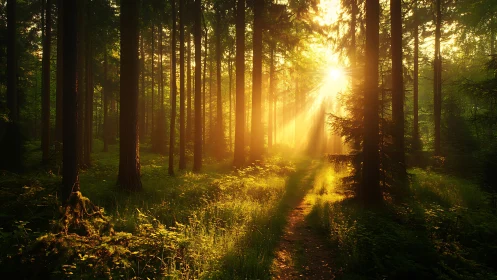 Sunlit Forest Path with Golden Morning Light, Photorealistic Style.