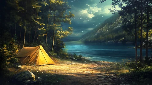 Golden tent glows beside tranquil alpine lake at dusk.