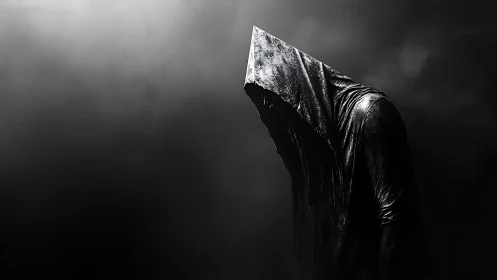 Hooded void figure bends in fog, cloaked in dripping shadow.