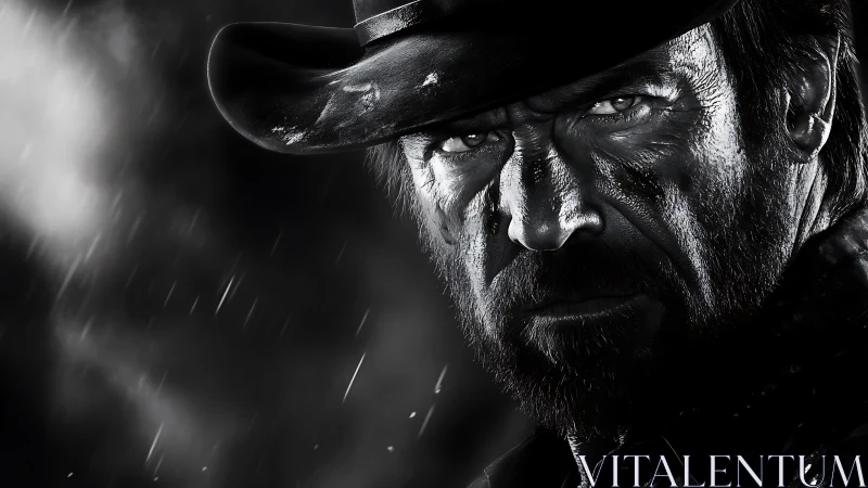 Monochrome closeup of weathered cowboy under rainstorm