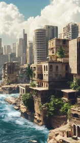 Coastal high-rise skyline with decayed cliffside housing interface