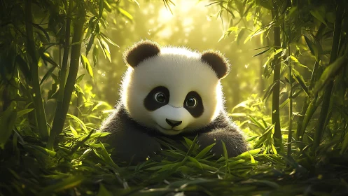 Cartoon panda cub sits in dense sunlit bamboo forest