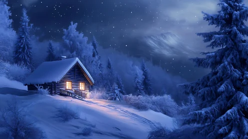 Snowbound forest cabin under starlit winter night sky.
