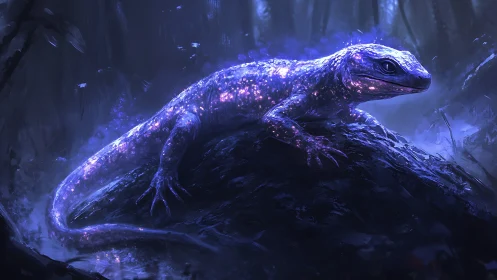 Gentle starlit lizard glowing softly in a mystical forest.