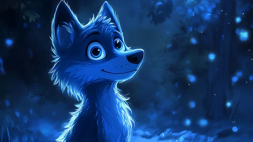 Blue-lit cartoon wolf pup in calm glowing forest night.