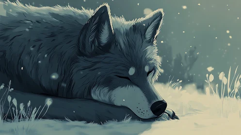Sleeping winter wolf illustration in soft teal monochrome tones.