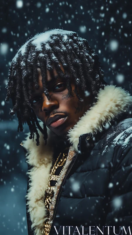 Man in winter coat and chains under falling snow at night.