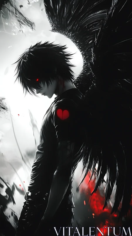 Brooding fallen angel with ember eyes and bleeding heart mark.