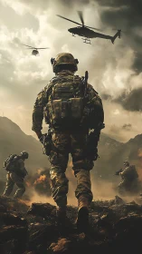 Armored infantry squad advances under low-flying combat helicopters