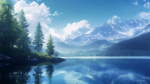 Mountain lake with conifer forest and distant snowy peaks.