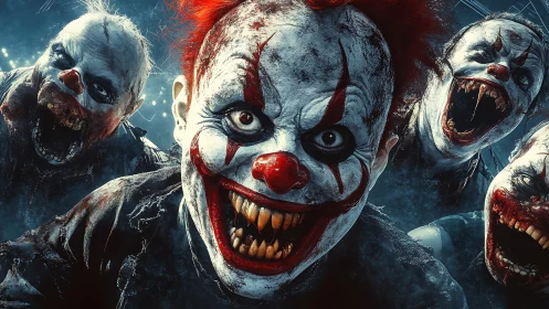 Group of menacing clowns with distorted faces at night.