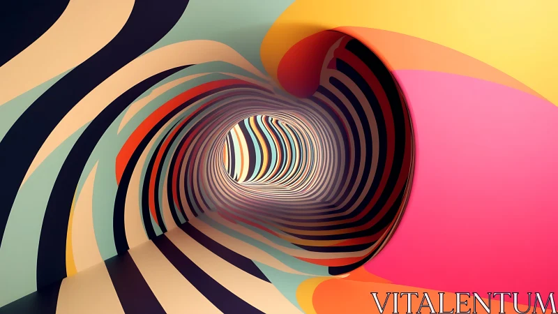 Striped abstract tunnel with curved colorful walls.