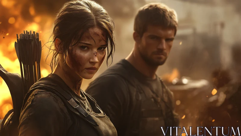 Battle-scorched archer duo stalks through emberlit ruins.