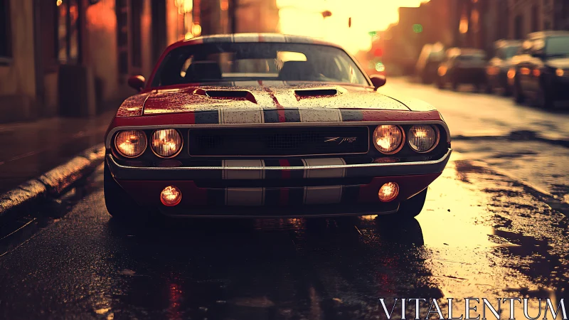 Muscle car on wet city street at cinematic golden hour.