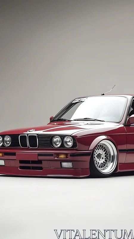 Photorealistic low-slung classic coupe with minimalist studio backdrop.