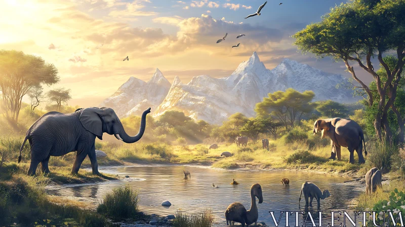 Sunlit elephant herd traverses alpine-lit savanna watercourse