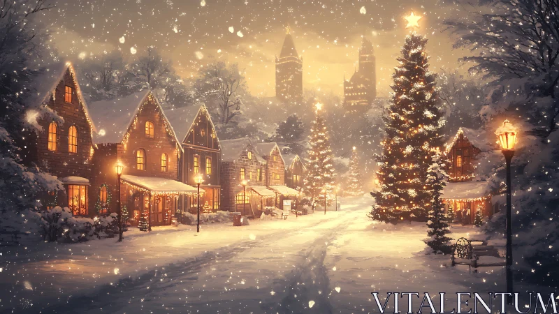 Snowlit Christmas village street wrapped in golden wonder.
