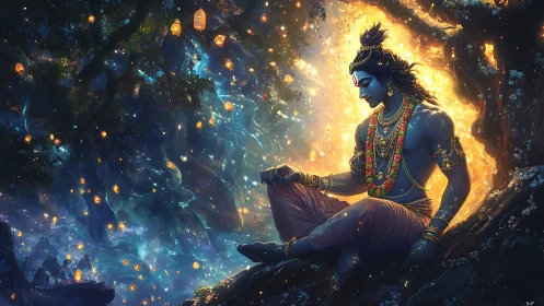 Luminous blue deity rests in a forest of floating lanterns