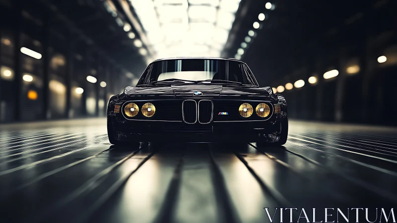Classic black BMW sports coupe stands centered in dim hangar