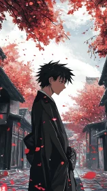 Solitary youth in black kimono under dense red maple foliage