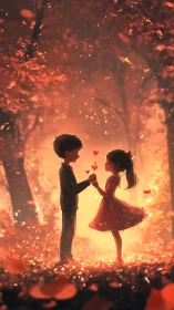 Two children exchange hearts in burning autumn forest