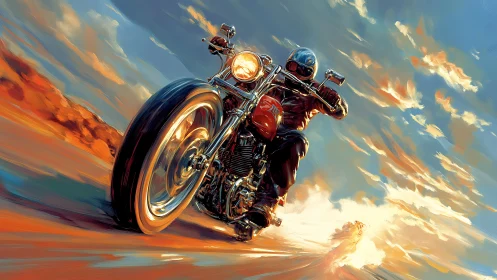 Sunlit desert rider charging through blazing highway skies.