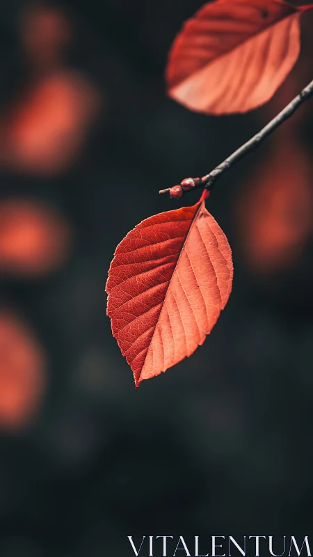 Single autumn leaf glows against a deep, blurred backdrop.