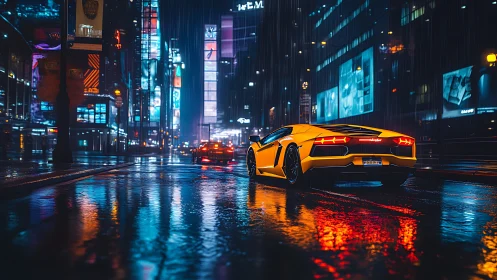 Yellow supercar reflects neon spectra on rain-soaked urban avenue