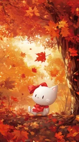 Autumn forest kitten under drifting maple leaves illustration.