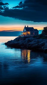 Coastal Victorian House Illuminated During Twilight Transition Over Rocky Seascape