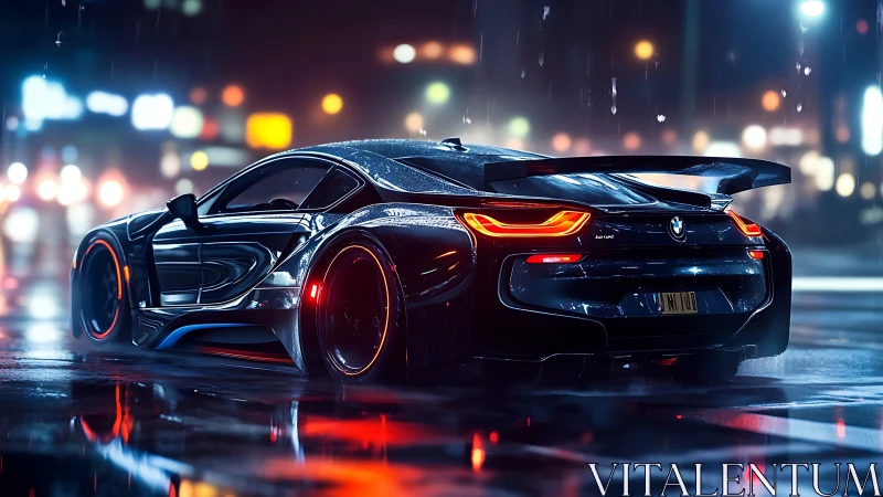 Electric supercar cuts neon streets in reflective night rain.
