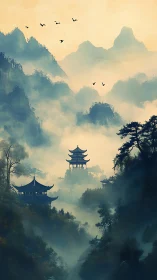 Misty mountain pagodas rise through tranquil ethereal fog.