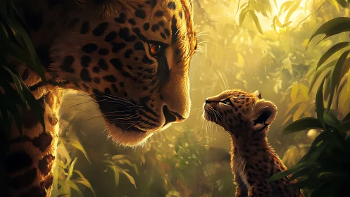 Leopard Mother and Cub in Golden Rainforest Light.