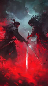 Twin katana comets collide in a storm of painted blood