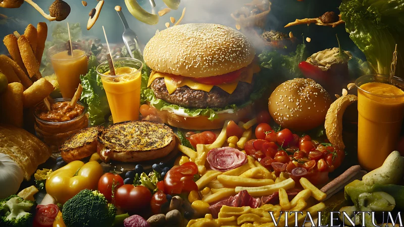 Lush fast food feast with burger, fries, juices, and snacks.