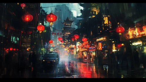 Rainy neon street with red lanterns in dense cityscape.