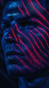 Neon blue portrait glowing with bold electric pink lines.