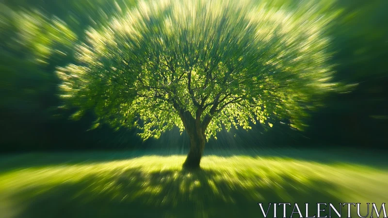 Radiant sunlit tree with dynamic blur in vibrant green landscape.