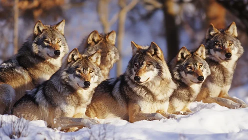 Winter wolf pack resting alertly in warm sunset light.