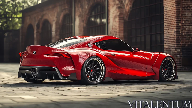 Low-slung red sports car rests in sunlit industrial courtyard
