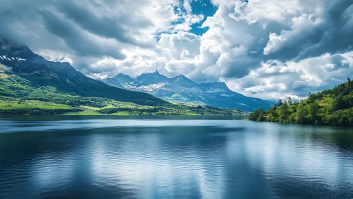 Cloud‑draped alpine peaks mirrored in a deep blue valley lake.