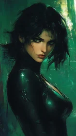 Dark-haired woman in glossy suit against green backdrop.