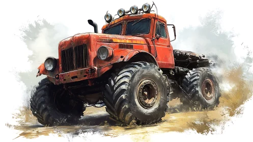 Rusty red monster truck on rugged dirt trail painting.