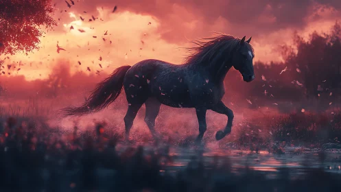 Dark horse moves through shallow water under red sky