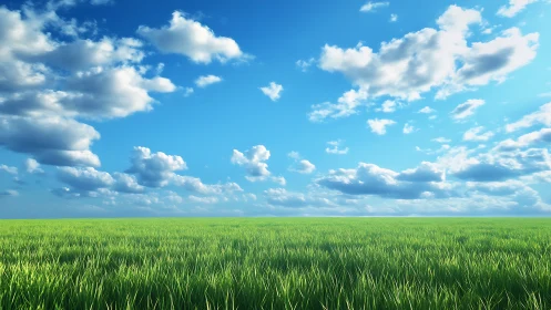 Wide green grass field under bright blue cloudy sky.