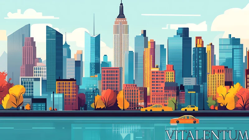 Geometric autumn city skyline with stylized taxis and reflective water