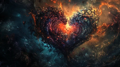 Fiery cosmic heart ignites within swirling galactic storms