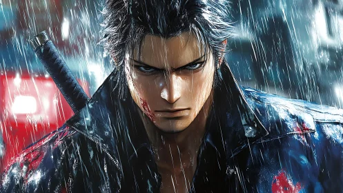 Male character stands in heavy rain with sword on back