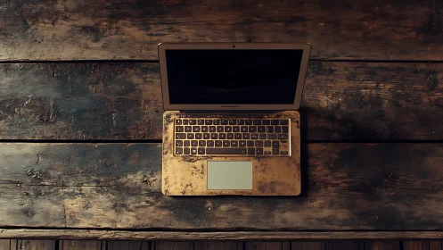 Weathered laptop on rustic wooden table, top-down composition.